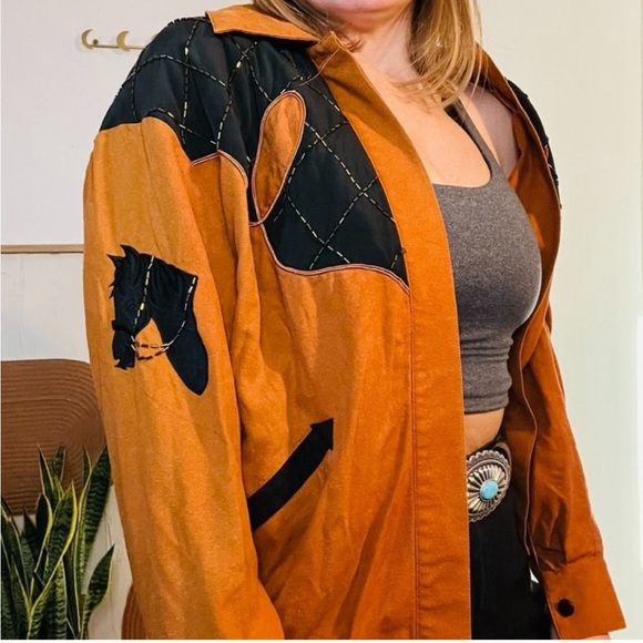 Vintage 1993 Sienna Orange Silk Beaded Button Front Bomber Jacket - Picture 2 of 11